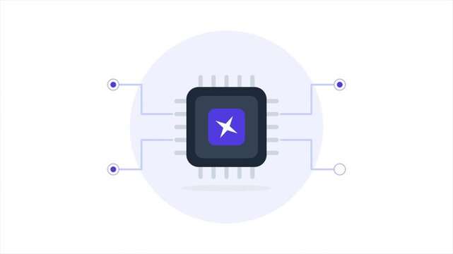Animated illustration of a central processing unit (CPU) or computer chip, featuring a stylized star-plus icon and active glowing connections. Represents technology, data processing, and innovation.