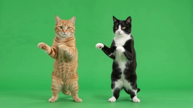 Two playful domestic cats standing on hind legs dancing against green screen chroma key background