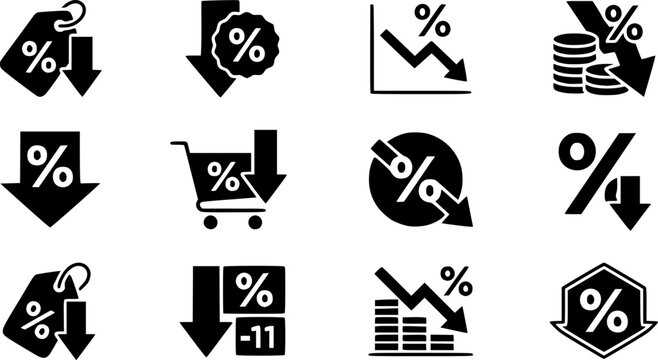 Percentage decrease icon set showing price reduction discount offer sale value drop with downward arrows and percent symbol graphic
