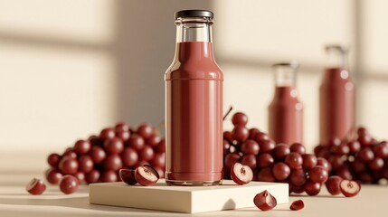 Fototapeta premium Glass bottle of refreshing red grape juice on a pedestal, surrounded by fresh grapes and sunlight