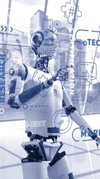 Futuristic robot interacting with holographic business