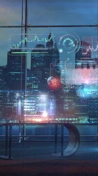 Futuristic ai robot analyzing corporate data on holographic panel