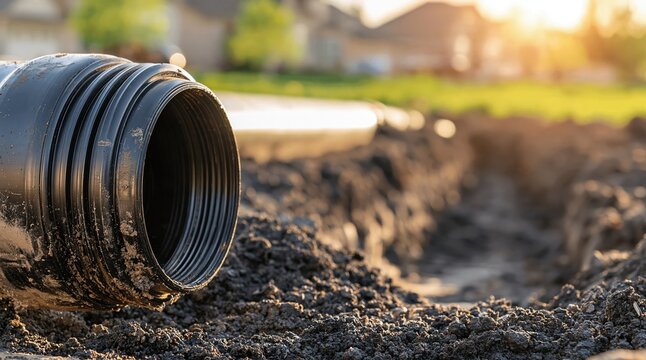 Close up of a large black drainage pipe laid in freshly dug soil during daylight construction
