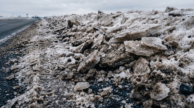 Snow-covered rocky terrain alongside a roadside in winter conditions  
