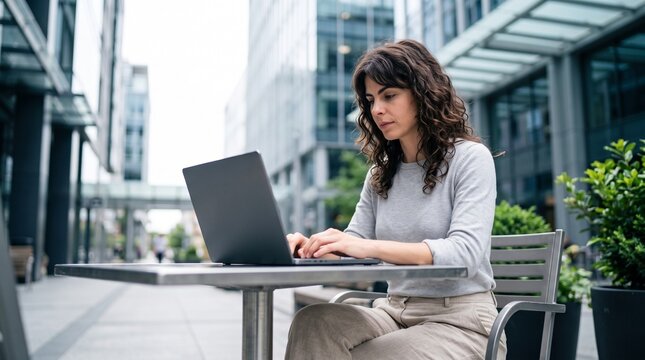 Focused young woman with curly hair typing on laptop computer outdoors in sustainable eco district, analyzing ESG corporate strategy, remote work, digital online business project consultant.