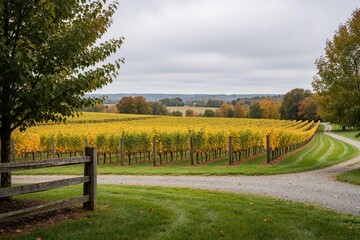 Fototapeta premium Autumn vineyard landscape in rural Virginia countryside. Rows of yellow grape vines grow on farm estate under cloudy sky. Gravel path winds through green grass near rustic wooden fence. Scenic winery
