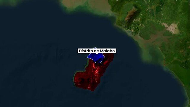 Distrito de Malabo map location highlighted on satellite view video footage