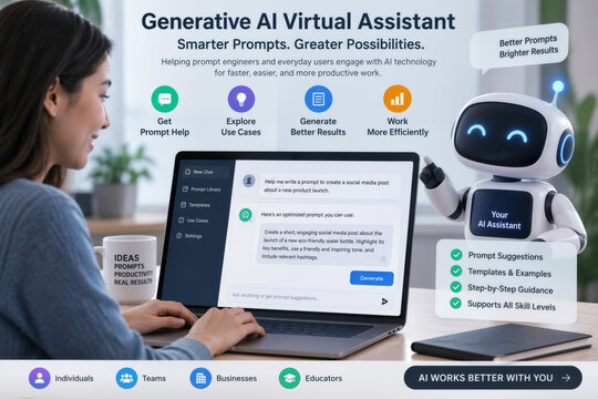Generative AI virtual assistant interface helping prompt engineers and everyday users craft smarter prompts, boost productivity, explore use cases and generate better results for AI-driven workflows