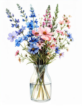 Small bouquet of wildflowers in glass vase, delicate watercolor painting, isolated on white background, soft translucent pigments, understated vintage botanical aesthetic.
