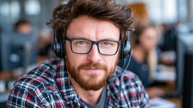 Focused male customer support representative wearing glasses and headset while working inside busy modern office environment