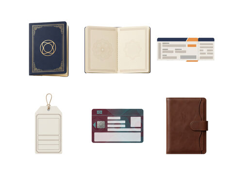 Set of travel documents including a passport, boarding pass, luggage tag, credit card, and a leather wallet isolated on a transparent background