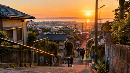 Fototapeta premium Sunset View of a Japanese Residential Town from a School Route Staircase