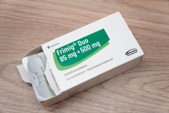 Frimig Duo medication box with sumatriptan and naproxen tablets for migraine pain relief therapy