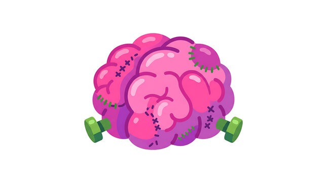 Cartoon Halloween Monster Brain with Stitches Patches and Bolts