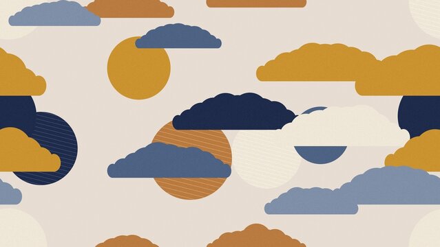 ベージュ地に紺とからし色の雲と斜線入りの丸が間をあけて広がる粒状の質感の和風シームレスパターン