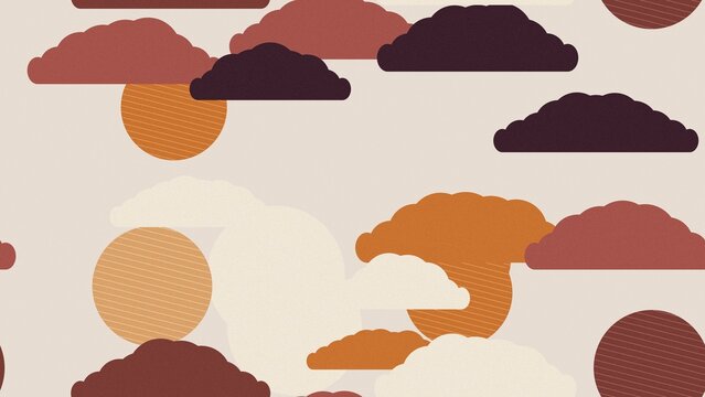 ベージュ地に赤茶とえんじ色の雲と斜線入りの丸が間をあけて点在する秋色の和風シームレスパターン
