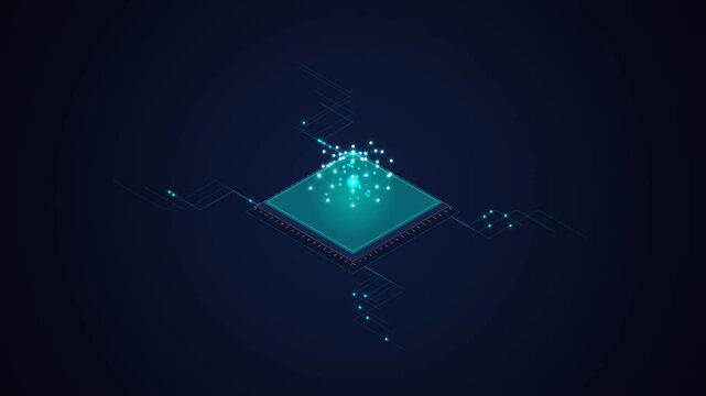 Isometric microprocessor graphic showing cyber technology and digital quantum processing concept