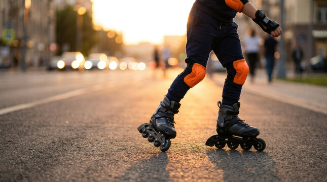 Roller Skater Wearing Protective Gear Skating on Urban Street at Sunset