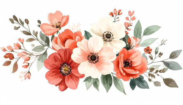 Bouquet of flowers, painted in delicate antique watercolor, isolated on white background, muted coral, dusty green and ivory, fine naturalistic brushwork.