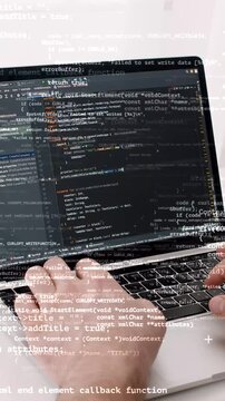 Man typing code on laptop computer with superimpose code text