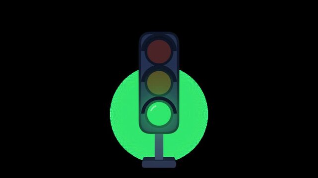 Flat cartoon traffic light animation with red, yellow and green signals switching in turn. Seamless 15s loop, Full HD 60fps, transparent background.