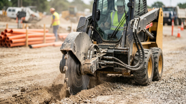 Construction Worker Operating Skid Steer with Cutting Attachment at Worksite