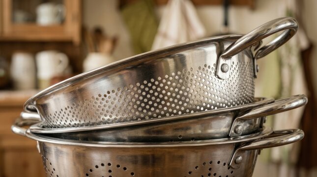 Stacked Stainless Steel Colanders and Strainers in Warm Home Kitchen