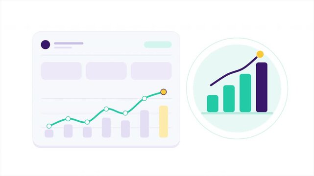 Animated illustration of data analysis and business growth, with a line graph and bar chart appearing on a digital interface and in a circular icon, symbolizing financial progress and statistical.
