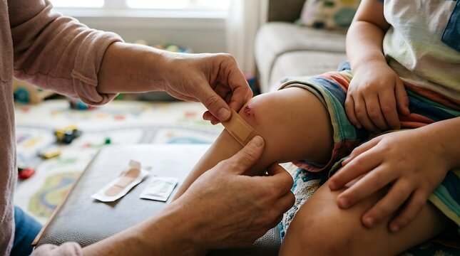 Parent Applying Adhesive Bandage to Child Scraped Knee at Home for First Aid and Medical Care Treatment