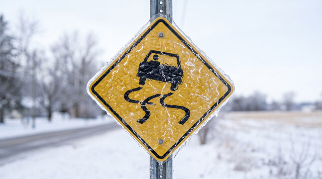 Icy road warning sign with skidding car in winter landscape  