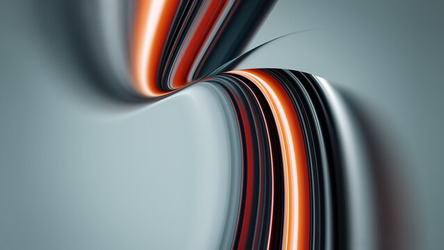 Abstract grey background with a dynamic twisted ribbon of orange and black stripes