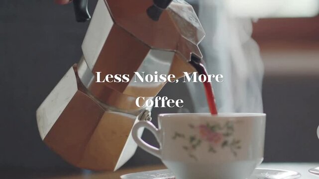 Freshly Brewed Hot Coffee Poured from Moka Pot into Ceramic Cup, Morning Ritual, Cozy Home Atmosphere, Beverage Photography