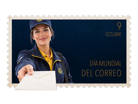 Sello de correos con mujer cartera para el D&iacute;a Mundial del Correo, 9 de octubre, concepto de comunicaci&oacute;n global, env&iacute;o postal, conexi&oacute;n internacional y servicio de correo internacional y publicidad.