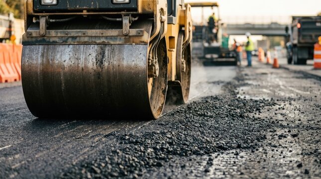 Road Roller Compacting Fresh Asphalt During Urban Highway Construction and Road Repair