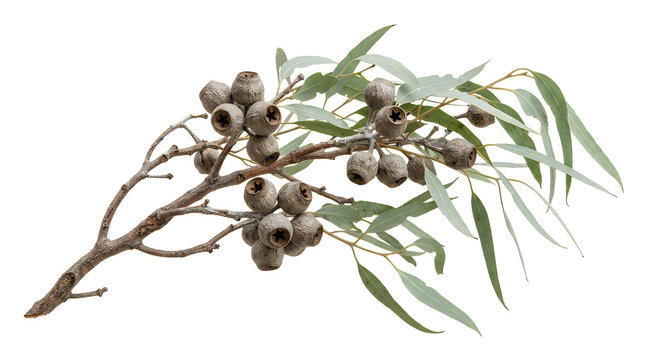 Eucalyptus branch with gum nuts and lanceolate leaves displays a natural botanical composition australia