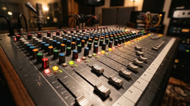 A close up view of an analog audio mixing console inside a recording studio highlights the detailed knobs and faders essential for professional music production and sound engineering