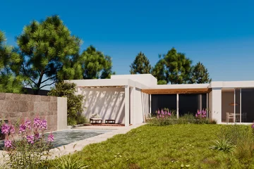 Modern summer house with swimming pool and garden landscape. Luxury real estate villa. Architecture design, topical backyard patio with travertine material. Private vacation villa. 3d render © hitdelight