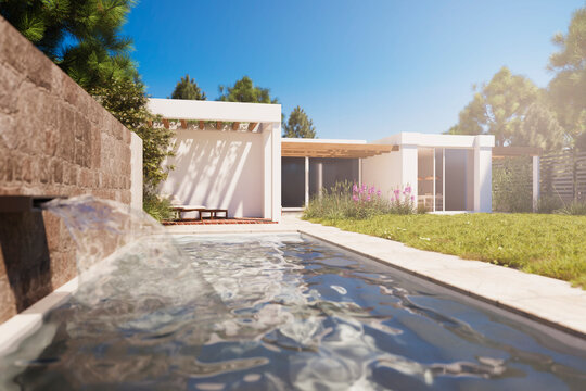 Luxury modern Mediterranean hotel villa resort with swimming pool and waterfall fountain closeup. Tropical architectural design, summer holiday house, natural materials. 3d render