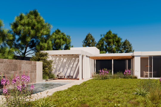 Modern summer house with swimming pool and garden landscape. Luxury real estate villa. Architecture design, topical backyard patio with travertine material. Private vacation villa. 3d render