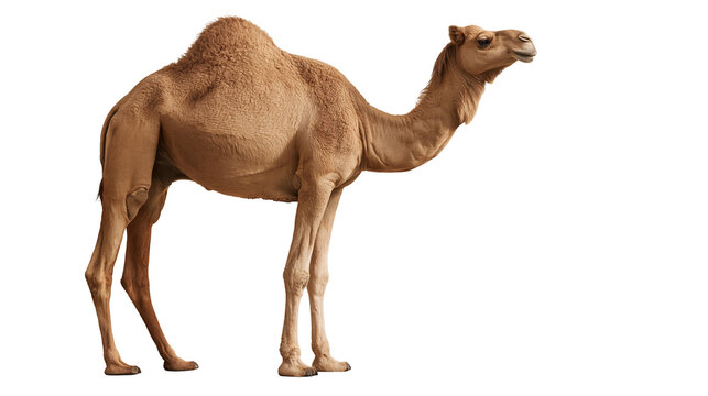 Full body side view of a dromedary camel with brown fur and a single hump