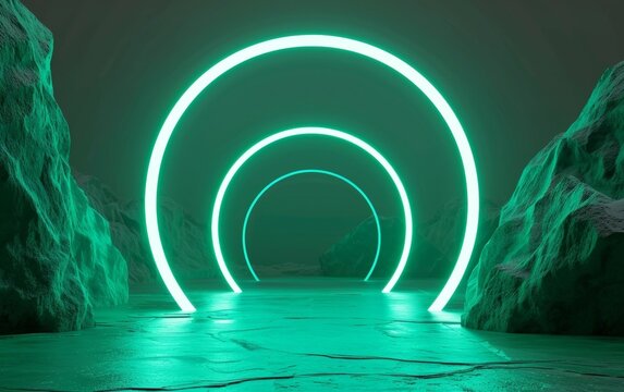 A series of glowing neon arches create a mesmerizing, futuristic-looking passageway, reflecting in the still water below and exuding an otherworldly ambiance.