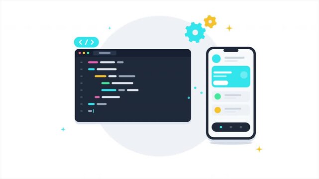 Software Development and Mobile App Creation. An illustration of a code editor on a desktop screen next to a smartphone displaying an application interface, representing programming and design.