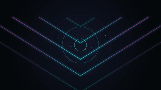 Abstract Neon Glowing Geometric Arrow Lines Motion Graphics Background with Digital Particle Effects