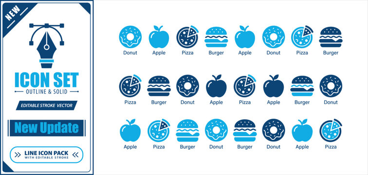 Minimalist fast food vector icon set containing donuts pizzas burgers and apples in flat blue colors for web ui design.