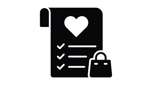 Minimalist black and white vector icon depicting a wishlist with heart symbol and shopping bag representing e-commerce retail consumer preferences and online store purchasing behavior