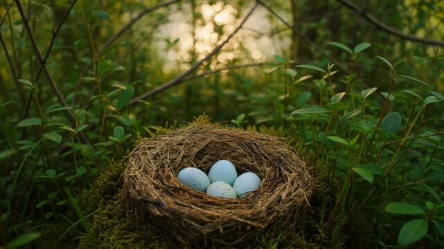 Bird Nest with Blue Eggs in Lush Green Forest Mossy Ground at Sunrise, Symbolizing New Life and Nature's Cycle