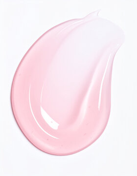 Transparent pale pink hyaluronic acid gel smear isolated on white background, smooth glossy texture, skincare serum concept, minimalist cosmetic composition. Close-up.