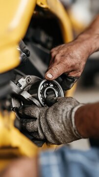 Mechanic's Hands Repairing Motorcycle Bearing with Grimy Gloves and Tools in Workshop