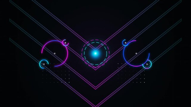 Futuristic Digital HUD Interface Background with Glowing Neon Geometric Circles and Light Beams Loop