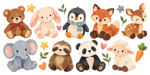 Obraz premium Watercolor Cute Animal Plushies Clipart Set